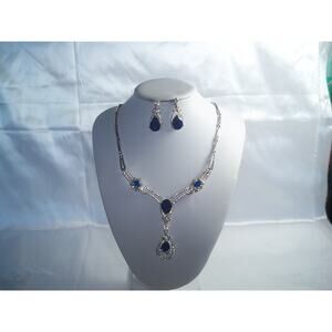 Blue silver rhinestone necklace, wedding MOB bridal party prom goth necklace